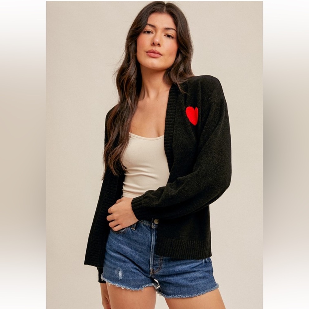 938. ❤️Hem & Thread Cardigan Black Sweater with Red Heart Detail New Item NWT - Picture 5 of 6